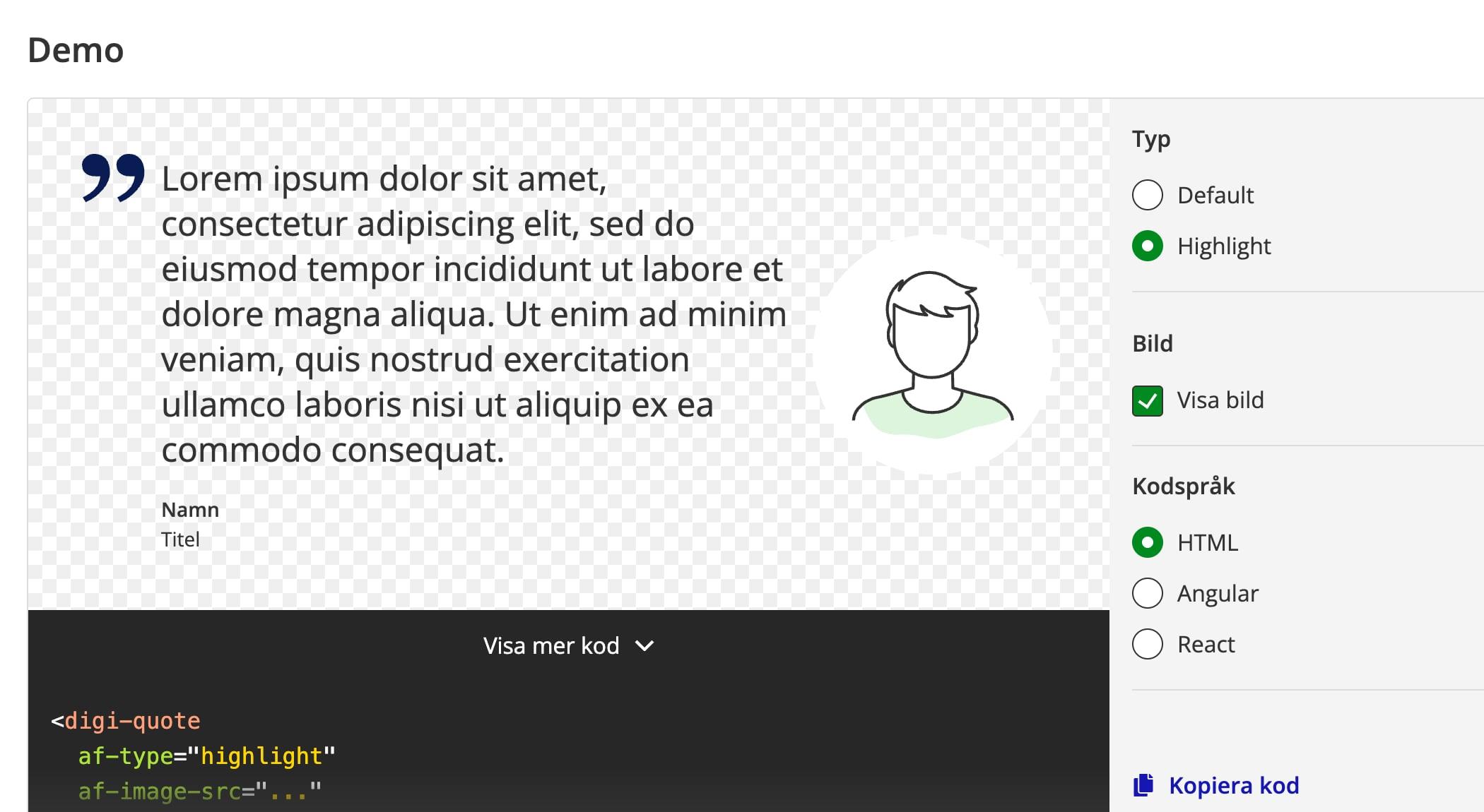 The digi-quote demo in the highlight variant, with settings and code