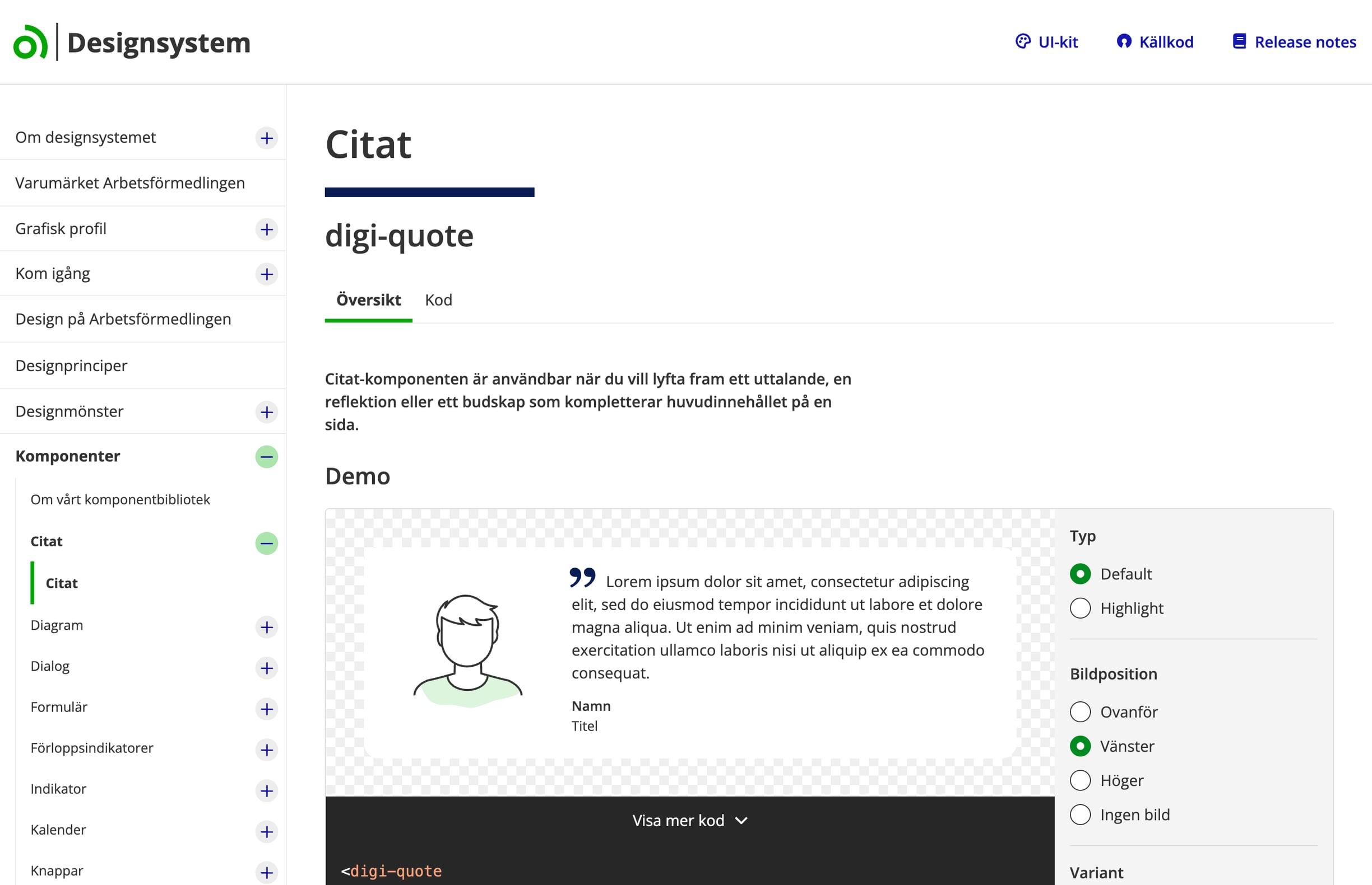 The digi-quote documentation in the Arbetsförmedlingen design system