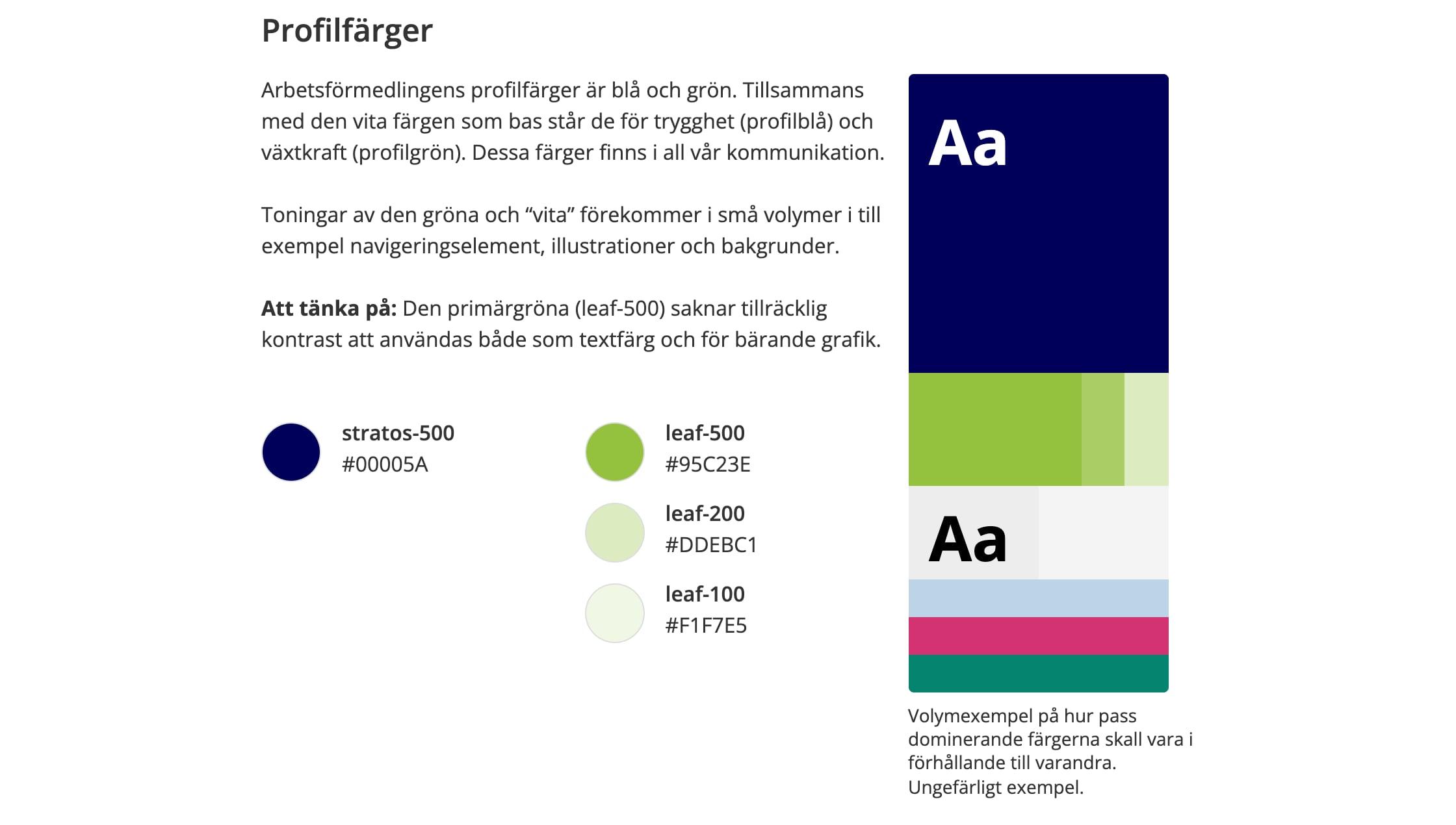The Webbfärger page with the Arbetsförmedlingen profile colours in the Af-18 colour set